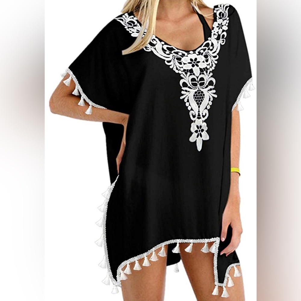 379. NEW CPOKRTWSO Women’s Crochet Chiffon Tassel Swimsuit Beach Bikini Cover Up - Picture 2 of 6